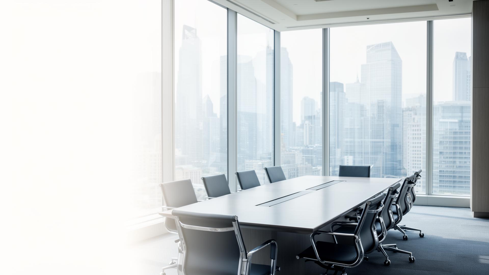 Executive boardroom overlooking an international city skyline
